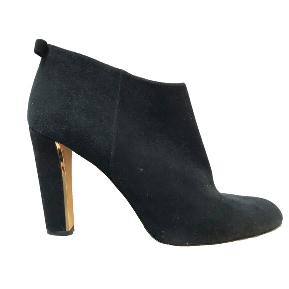 Kate Spade NY Suede Boots Booties Heels Womens 10 Black Side Zip Rear Gold Bow - Picture 1 of 10